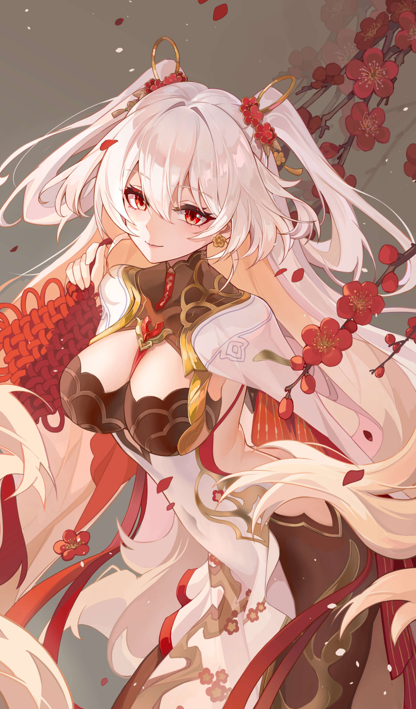 1girl absurdres ai_dongdong black_collar breasts chinese_commentary cleavage closed_mouth collar commentary_request covered_navel cowboy_shot dress earrings flower grey_background hand_up highres holding honkai_(series) honkai_impact_3rd jewelry large_breasts leaning_forward long_hair looking_at_viewer official_alternate_costume plum_blossoms red_eyes red_petals smile solo theresa_apocalypse theresa_apocalypse_(luna_kindred) theresa_apocalypse_(lunar_vow:_crimson_love) theresa_apocalypse_(redolent_in_red) twintails very_long_hair white_dress white_hair