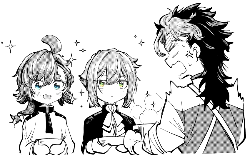 1girl 2boys absurdres anger_vein asticassia_school_uniform blue_eyes blush bowl chibi elan_ceres expressionless guel_jeturk gundam gundam_suisei_no_majo hair_behind_ear highres holding holding_bowl jacket kudou_makoto multicolored_hair multiple_boys school_uniform short_hair smile spot_color suletta_mercury surprised two-tone_hair v-shaped_eyebrows white_background