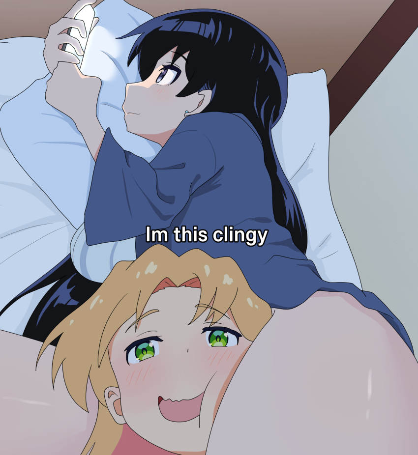 2girls age_difference arato_nagi black_hair blonde_hair blue_eyes blush dainaru earrings english_text green_eyes highres holding holding_phone i&#039;m_this_clingy_(meme) jewelry long_hair looking_at_viewer meme multiple_girls on_bed open_mouth phone pillow ruri_no_houseki scissorhold stud_earrings tanigawa_ruri thigh_focus thighs yuri