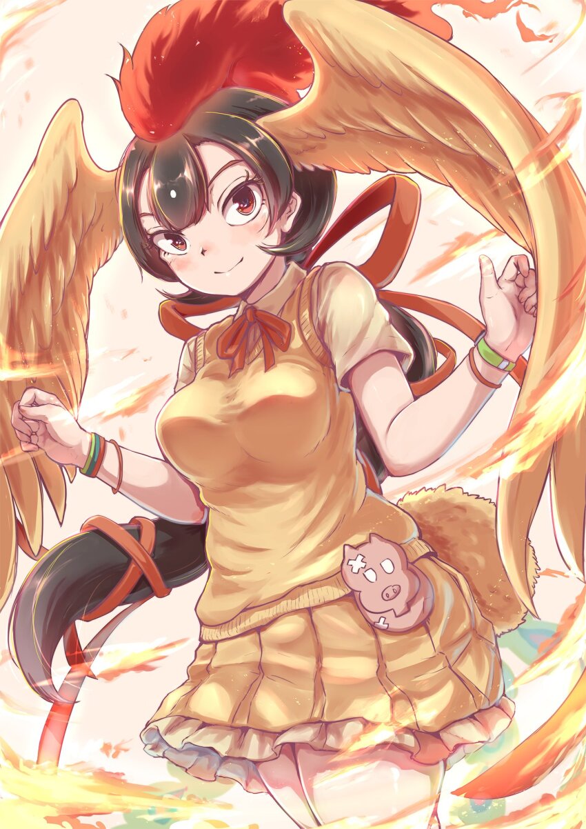 1girl bird_girl bird_tail bird_wings black_hair bow bowtie feathered_wings fire head_wings hi_no_tori_(kemono_friends) highres kemono_friends long_hair looking_at_viewer multicolored_hair okyao red_background red_eyes red_hair ribbon shirt simple_background skirt solo sweater_vest tail two-tone_hair wings
