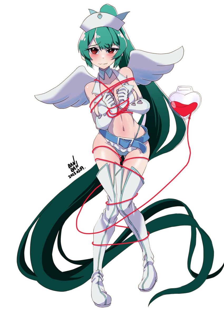 1girl artist_name bdsm bikini blush bondage boots bound breasts cleavage dated detached_collar detached_sleeves full_body grey_hair hat heart highres ikaika0326 large_breasts long_hair looking_at_viewer magia_azure mahou_shoujo_ni_akogarete minakami_sayo navel nurse nurse_cap ponytail red_eyes simple_background solo swimsuit thigh_boots very_long_hair white_background white_wings wings