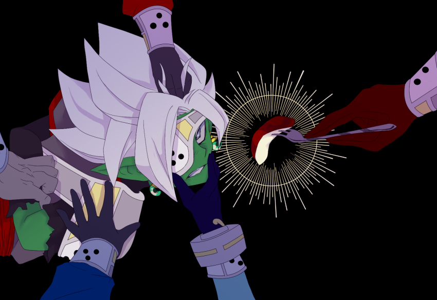 1126hug 2girls 4boys apple apple_slice aura black_background black_gloves clenched_teeth colored_skin commentary_request cumber dragon_ball dragon_ball_heroes earrings eyepatch food fork fruit fused_zamasu gloves green_skin grey_eyes hand_in_another&#039;s_hair head_grab hearts_(dragon_ball) highres holding holding_another&#039;s_arm holding_fork jewelry kaioushin kamin_(dragon_ball) lagss looking_up multiple_boys multiple_girls official_alternate_costume oren_(dragon_ball) pointy_ears potara_earrings purple_gloves red_gloves restrained spiked_hair teeth torn_clothes white_hair wrist_cuffs