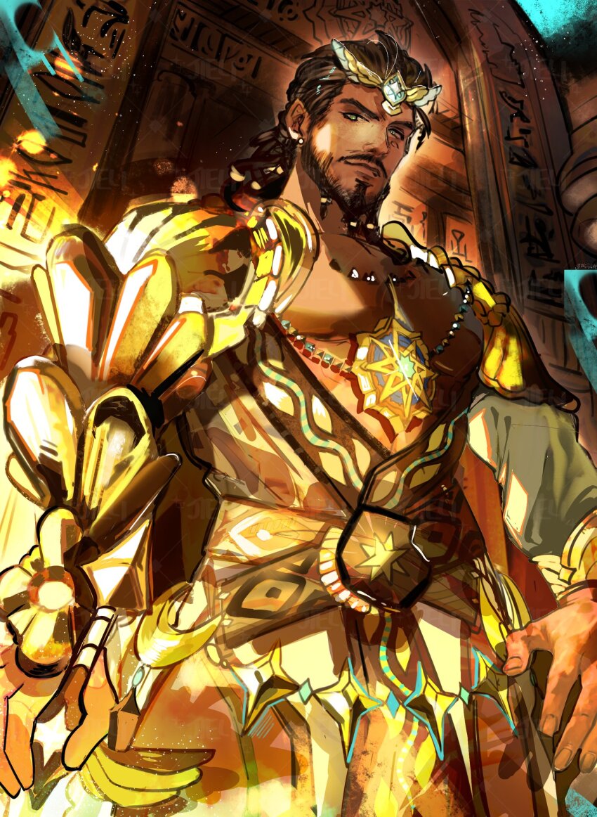 1boy afk_(series) afk_journey baelran_(afk) bara beard braid braided_beard brown_hair closed_mouth commentary dark-skinned_male dark_skin english_commentary facial_hair highres jewelry jieli looking_at_viewer muscular muscular_male mustache necklace pectoral_cleavage pectorals robe smile swept_bangs
