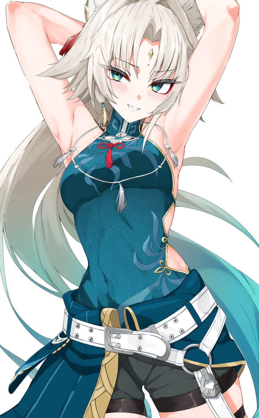 1girl absurdres animal_ears armpits arms_up belt blue_hair feixiao_(honkai:_star_rail) fox_ears gradient_hair highres honkai:_star_rail honkai_(series) isocha long_hair midriff multicolored_hair pantyhose sleeveless solo tagme thigh_gap two-tone_hair white_background white_belt white_hair