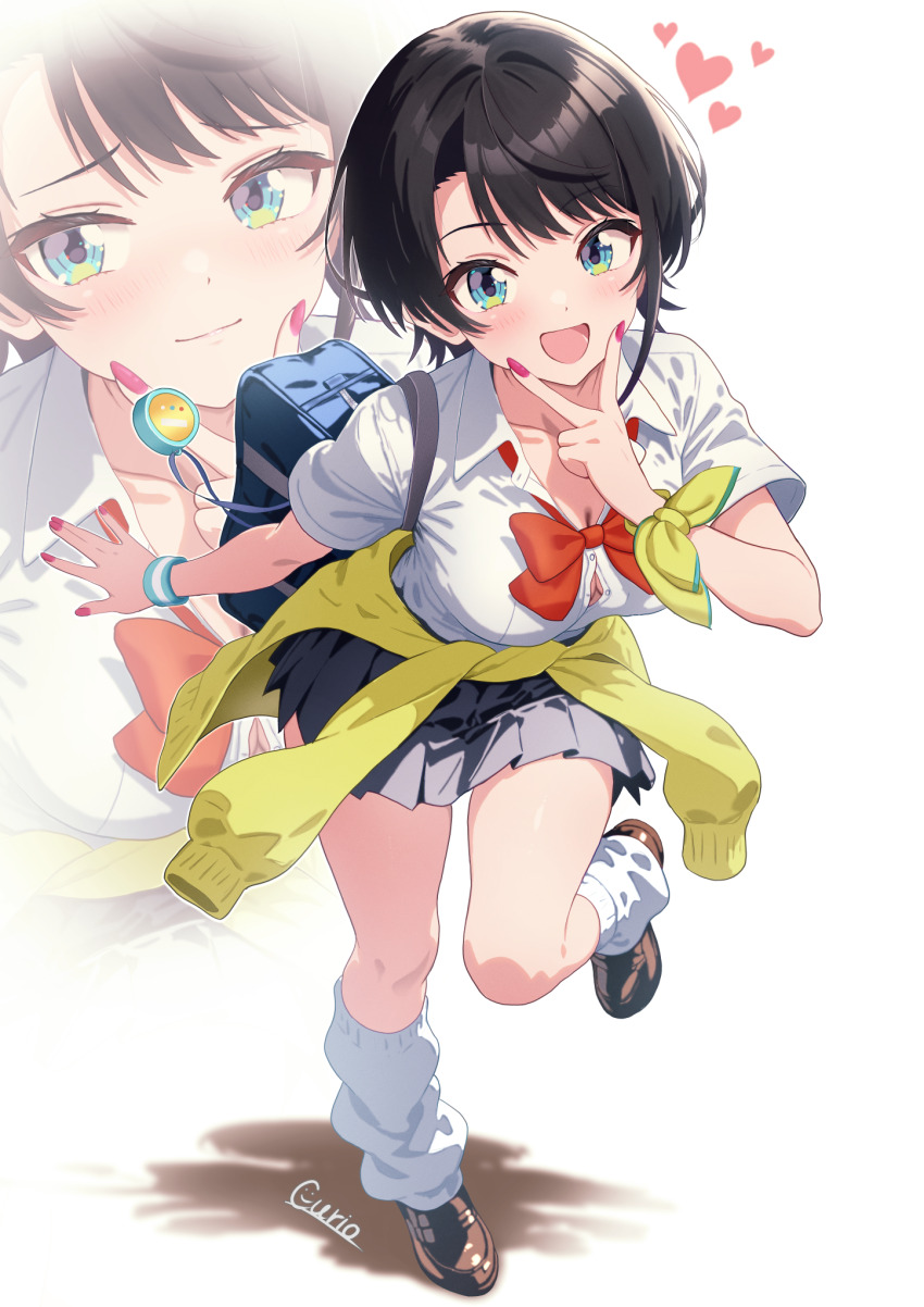 1girl :d aqua_eyes bag black_hair black_skirt bow bowtie breasts brown_shoes button_gap cardigan cardigan_around_waist closed_mouth clothes_around_waist collared_shirt commentary_request curio_(curiofinity) full_body heart highres hololive large_breasts loafers looking_at_viewer loose_socks nail_polish oozora_subaru open_mouth pink_nails pleated_skirt red_bow red_bowtie school_bag school_uniform shirt shirt_tucked_in shoes short_hair short_sleeves skirt smile socks solo swept_bangs v v_over_mouth virtual_youtuber white_shirt wristband yellow_cardigan zoom_layer