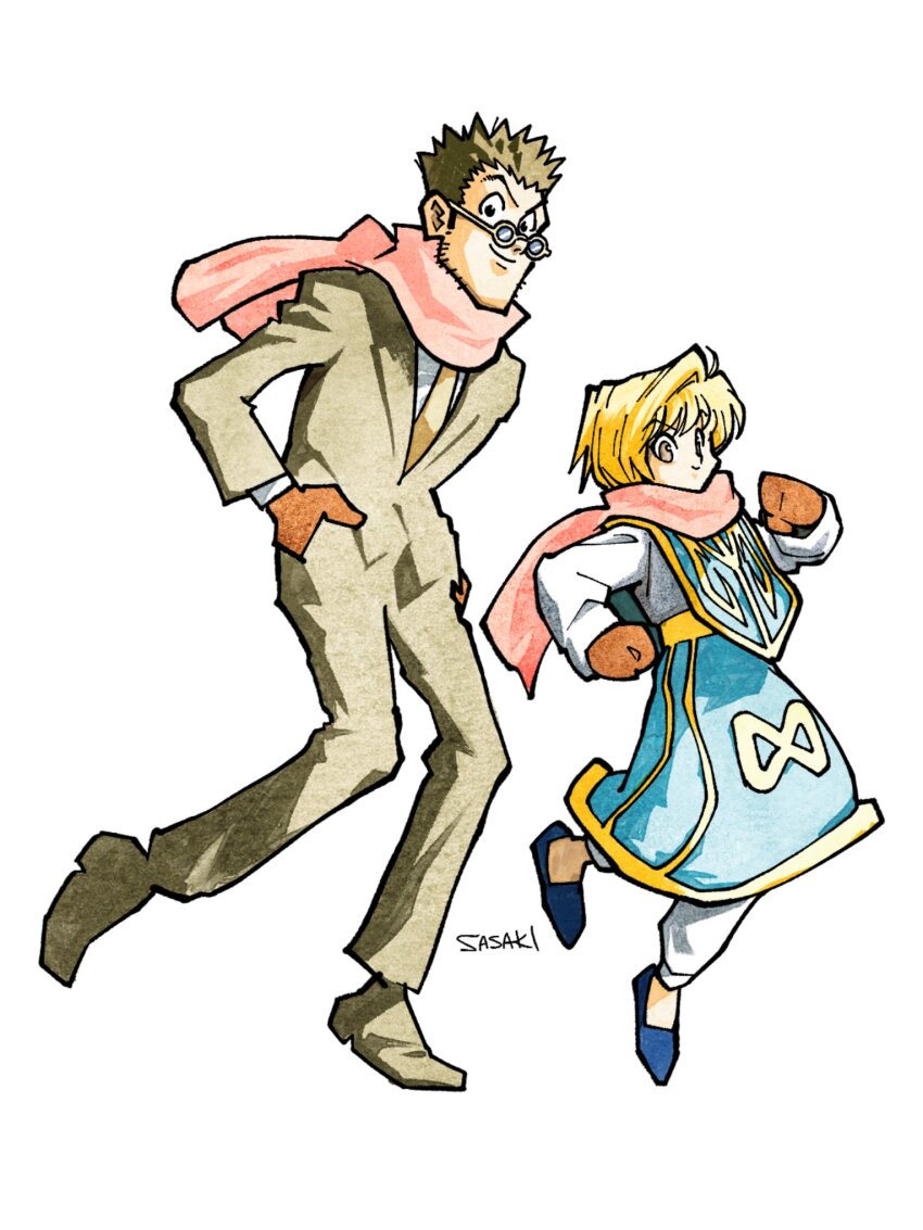 2boys black_shoes black_suit blonde_hair blue_shoes blue_tabard brown_eyes brown_gloves brown_hair brown_necktie formal_clothes full_body gloves highres hunter_x_hunter kurapika leorio_paladiknight long_sleeves looking_at_viewer male_focus multiple_boys necktie pants red_scarf sasaki_koguma scarf shirt shoes short_hair simple_background spiked_hair standing suit tabard white_background white_pants white_shirt