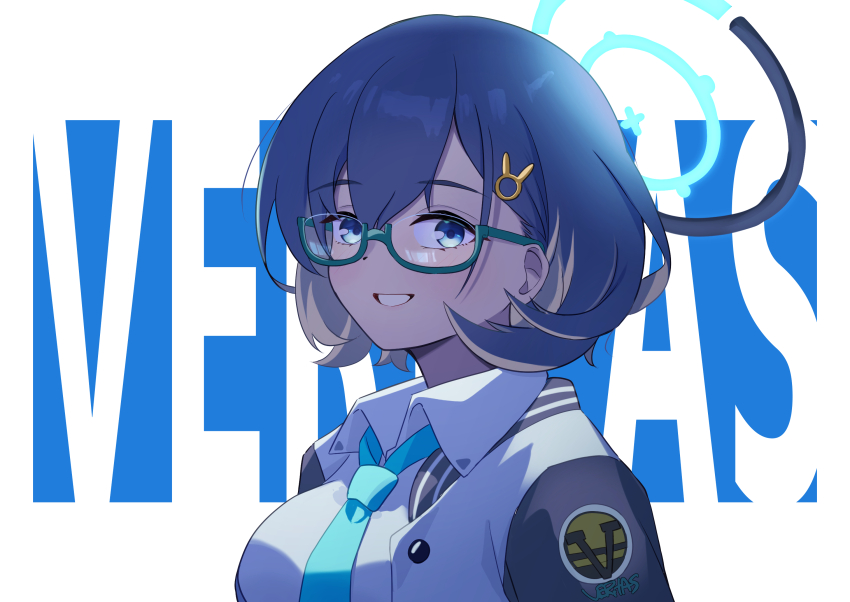 1girl aqua-framed_eyewear blue_archive blue_eyes blue_hair blue_halo blue_jacket blue_necktie breasts chihiro_(blue_archive) collared_shirt commentary_request glasses grin hair_ornament halo highres jacket large_breasts looking_at_viewer makurino medium_hair multicolored_jacket necktie open_clothes open_jacket portrait rabbit_hair_ornament semi-rimless_eyewear shirt smile solo two-tone_jacket under-rim_eyewear white_jacket white_shirt