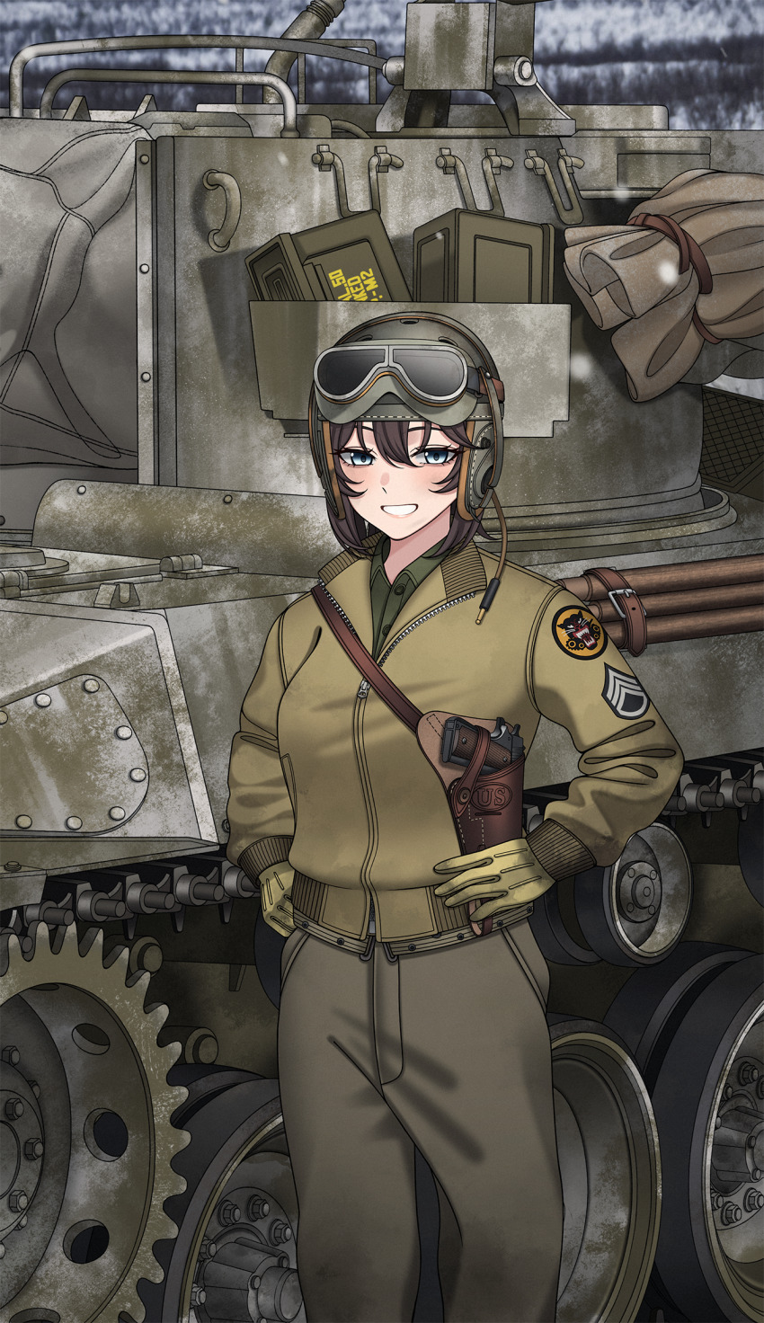 1girl ammunition_box battle_of_the_bulge blue_eyes brown_hair brown_pants collared_shirt commentary commission english_commentary goggles goggles_on_head green_jacket green_shirt grin gun hair_between_eyes handgun hands_on_own_hips helmet highres holster jacket keiita looking_at_viewer m18_hellcat m1911 military military_rank_insignia military_uniform military_vehicle motor_vehicle original pants shirt shoulder_holster siege_of_bastogne smile tank weapon world_war_ii