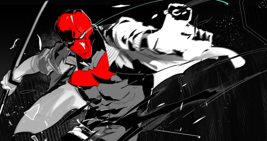 batman_(series) black_bodysuit black_gloves bodysuit brown_jacket dc_comics gloves grey_bodysuit guoba7777 jacket jason_todd male_focus mask muscular muscular_male open_clothes pants red_hood_(dc) red_hood_and_the_outlaws red_mask superhero_costume taut_bodysuit two-tone_bodysuit