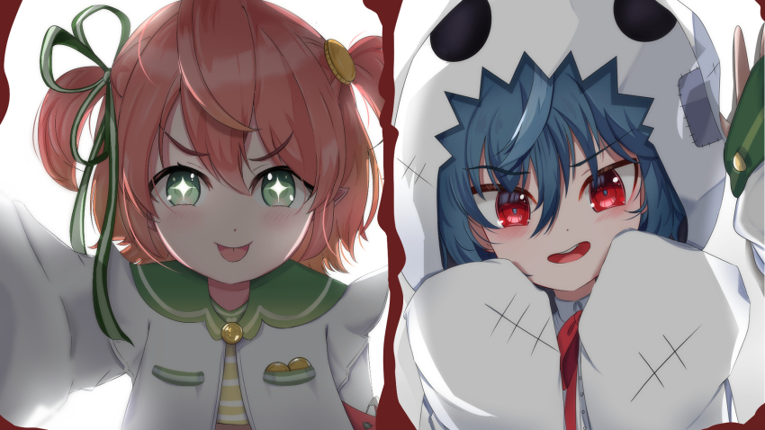 2girls blue_hair coins commission fuyo_cloverfield green_eyes hair_ribbon highres hood hoodie idol_corp kabedon multiple_girls open_mouth pink_hair red_eyes ribbon shironomi shirt short_hair teeth tongue tongue_out virtual_youtuber yuko_yurei