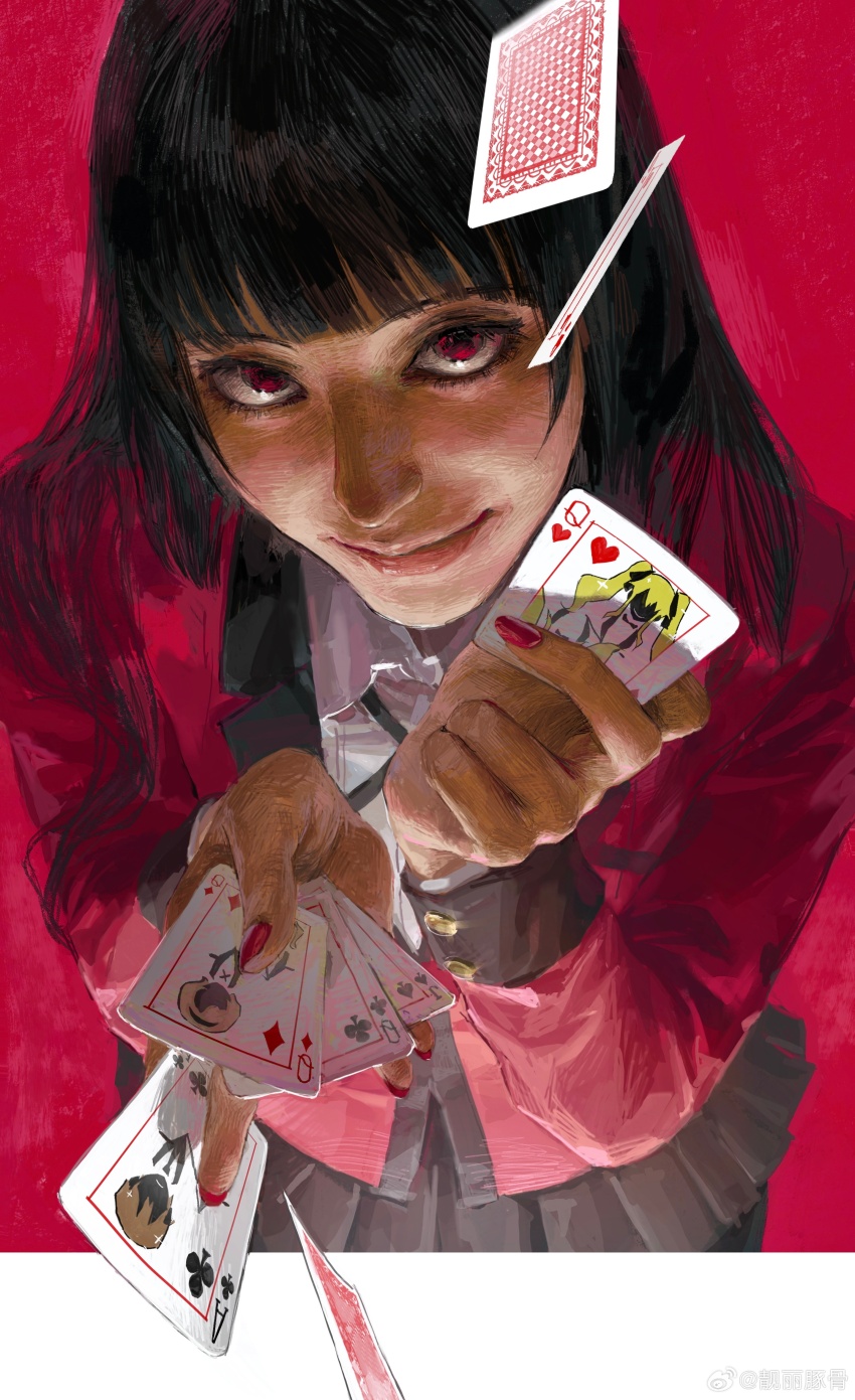 1girl absurdres black_hair black_skirt blazer blunt_bangs card formal_clothes highres hime_cut holding holding_card hyakkaou_academy_school_uniform jabami_yumeko jacket kakegurui long_hair looking_at_viewer playing_card realistic red_eyes red_jacket red_nails red_suit school_uniform sheruff1010 shirt skirt smile solo suit very_long_hair watermark weibo_watermark white_shirt
