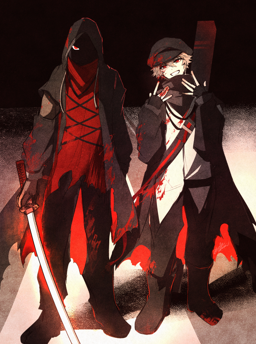 2boys arknights black_boots black_gloves black_hat black_jacket black_pants blood blood_on_clothes boots brown_hair newsboy_cap eyes_in_shadow fingerless_gloves gloves hair_between_eyes hands_up hat hateful_avenger_(arknights) head_tilt highres holding holding_sword holding_weapon hood hood_up hooded_jacket jacket katana male_focus multiple_boys oonohara_kenya pants red_(npc)_(arknights) red_eyes red_shirt shirt standing sword torn_clothes torn_shirt weapon white_shirt