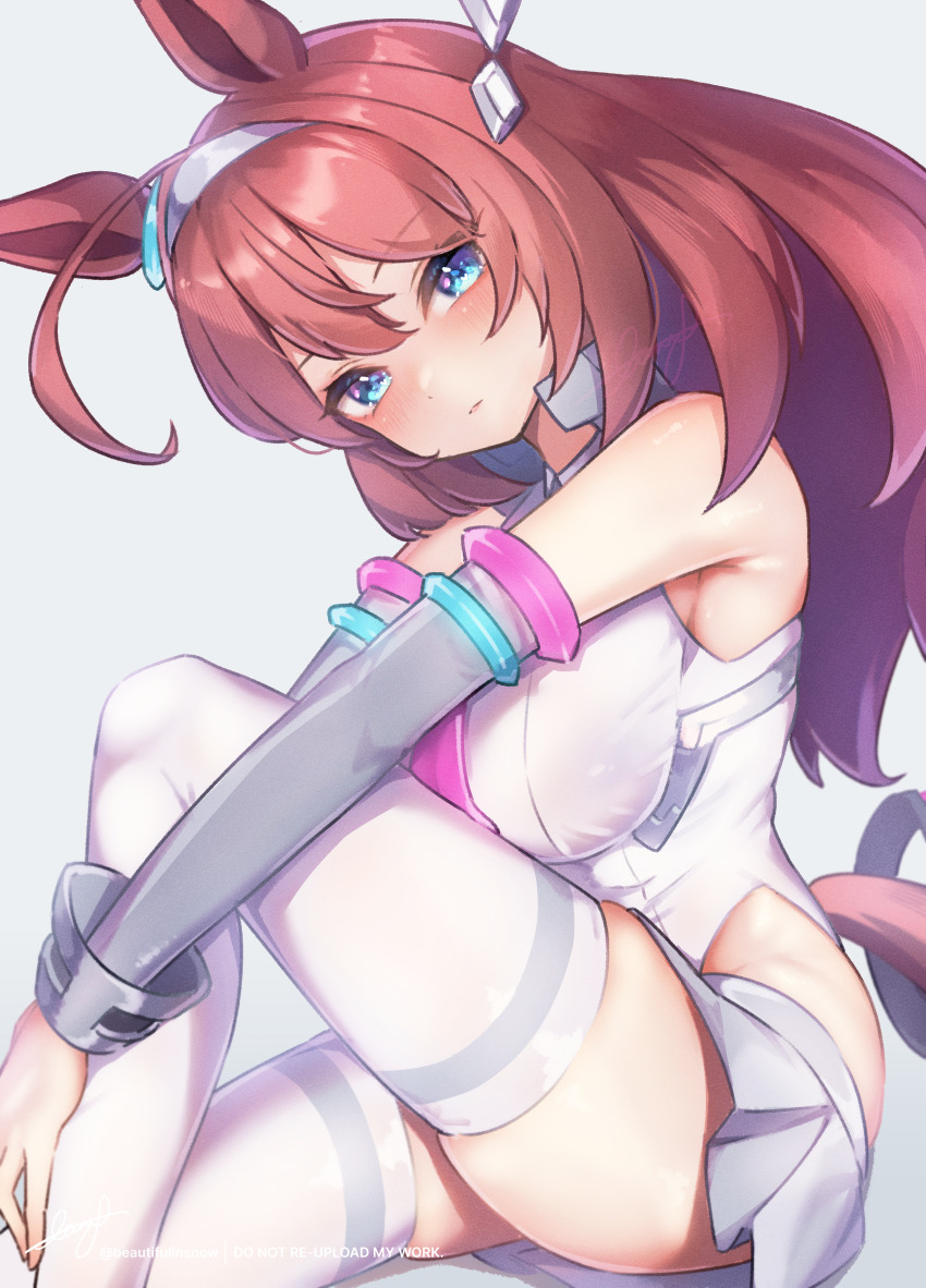 1girl absurdres ahoge animal_ears bare_shoulders beautifulinsnow blue_eyes blush breasts brown_hair commentary_request detached_sleeves ear_ornament grey_leotard highres horse_ears horse_girl horse_tail huge_ahoge knee_up large_breasts leotard long_hair long_sleeves looking_at_viewer mihono_bourbon_(umamusume) necktie pink_necktie silver_hairband simple_background solo tail thighhighs umamusume watermark white_background white_thighhighs