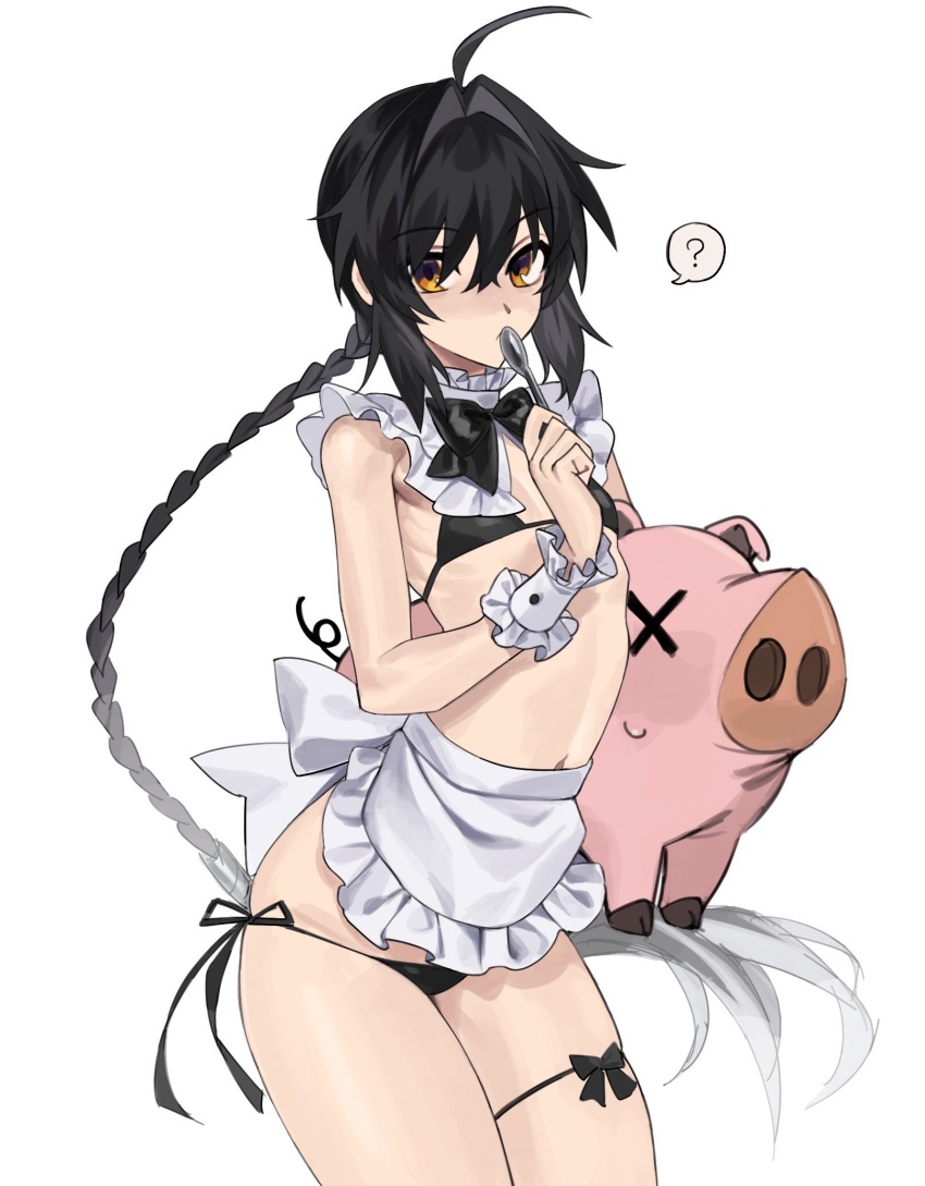 1girl ? ahoge ameman animalization apron bikini black_bikini black_hair blush braid braided_ponytail cowboy_shot detached_collar fate/grand_order fate/samurai_remnant fate_(series) flat_chest frilled_apron frills hair_intakes highres holding holding_spoon long_hair miyamoto_iori_(fate) navel orange_eyes pig sidelocks simple_background single_braid spoken_question_mark spoon string_bikini sweatdrop swimsuit waist_apron white_apron white_background wrist_cuffs x_x yamato_takeru_(fate)