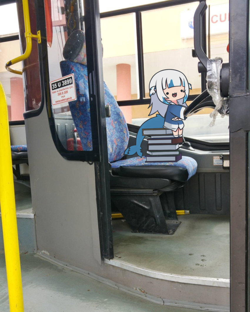 1girl :3 :d black_eyes blue_hair blue_hoodie blunt_bangs book bus chair chibi commentary english_commentary fins fire_extinguisher fish_tail gawr_gura gawr_gura_(1st_costume) highres hololive hololive_english hood hoodie long_sleeves looking_at_viewer motor_vehicle multicolored_hair open_mouth photo_background pile_of_books shark_tail sharp_teeth sitting sleeves_past_fingers sleeves_past_wrists smile smol_gura solid_circle_eyes solo steering_wheel tail teeth torororose turkish_text two_side_up vehicle_interior virtual_youtuber