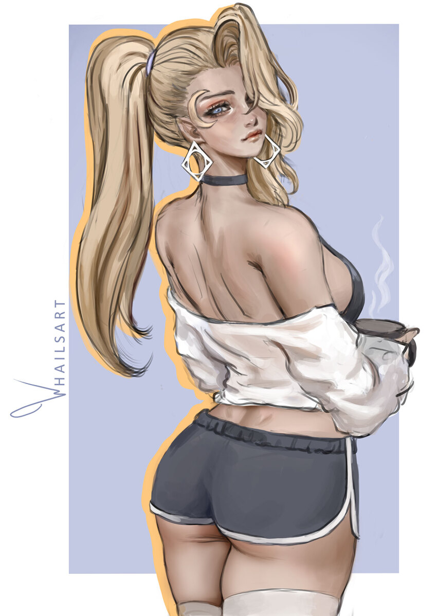 1girl alternate_costume artist_name ass black_choker black_shorts blonde_hair blue_eyes breasts casual choker dagger_(marvel) dolphin_shorts earrings highres jewelry long_hair looking_at_viewer looking_back marvel marvel_rivals off_shoulder ponytail shorts sideboob solo thighhighs whails white_thighhighs