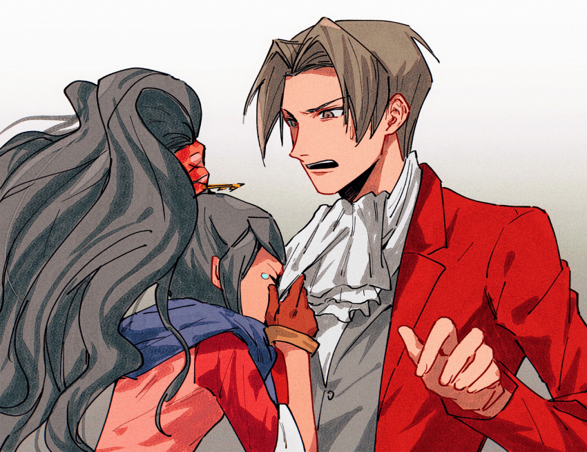 1boy 1girl absurdres ace_attorney ace_attorney_investigations ako_(eanaaati1) black_hair blowing_nose formal_clothes highres kay_faraday miles_edgeworth surprised tears