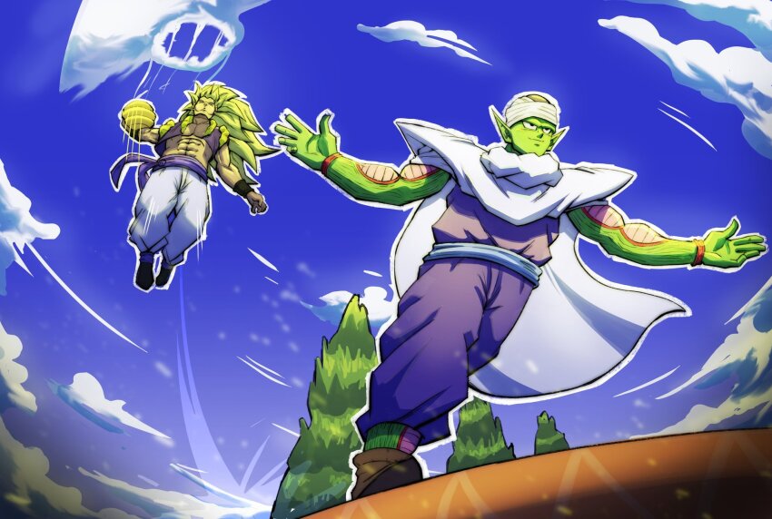 2boys :o armband arms_up baggy_pants ball basketball black_armband black_footwear black_vest blonde_hair blue_sash blue_sky brown_footwear cape closed_mouth cloud commentary demon dragon_ball dragonball_z english_commentary from_below gotenks gradient_sky highres holding holding_ball long_hair male_focus metamoran_vest midair motion_lines multiple_boys muscular muscular_male nose object_request pants parted_lips piccolo playing_games pointy_ears purple_pants purple_shirt purple_sky red_armband sash shirt shoulder_pads sky sleeveless smile spiked_hair super_saiyan super_saiyan_3 tree v-shaped_eyebrows vest white_cape white_pants yellow_vest zerooart
