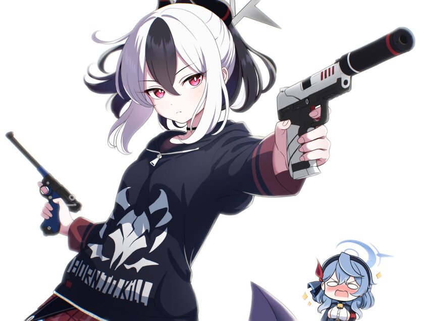 &gt;:( 2girls ako_(blue_archive) black_choker black_hair black_hoodie black_horns blue_archive blue_hair blue_halo blush bright_pupils chibi chibi_inset choker closed_mouth commentary curled_horns demon_horns double-parted_bangs dual_wielding dutch_angle eyelashes fighting_stance fingernails floating_hair foreshortening gesupi_(provlemsolver57) grey_halo gun h&amp;k_p30 hair_between_eyes halo handgun highres holding holding_gun holding_weapon hood hood_down hoodie horns kayoko_(blue_archive) long_sleeves luger_p08 medium_hair mole mole_on_neck multicolored_hair multiple_girls nose_blush o_o pointing pointing_forward ponytail red_eyes sanpaku serious sidelocks simple_background solo_focus sparkle split_mouth tsurime two-tone_hair upper_body v-shaped_eyebrows weapon white_background white_hair white_pupils zipper