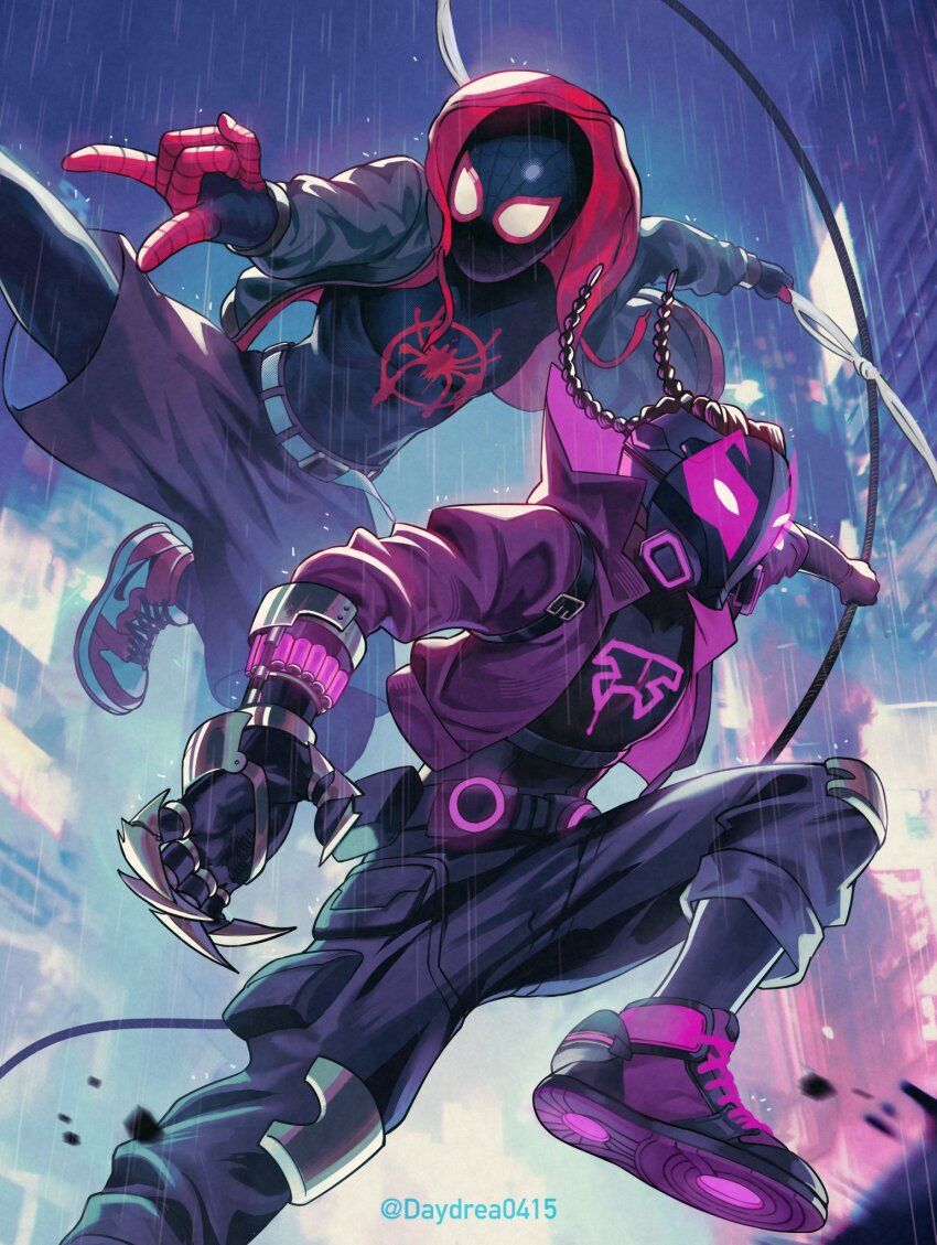 2boys \m/ bodysuit bodysuit_under_clothes claw_(weapon) day_dream dreadlocks dual_persona highres jacket marvel mask miles_g._morales miles_morales multiple_boys prowler_(marvel) purple_jacket shoes shorts silk sneakers spider-man:_across_the_spider-verse spider-man:_into_the_spider-verse spider-man_(miles_morales) spider-man_(series) spider-verse spider_web spoilers twitter_username weapon
