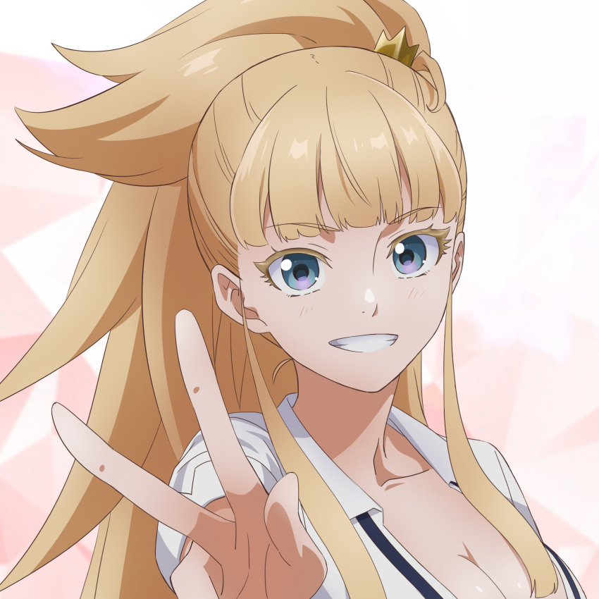 1girl absurdres blonde_hair blue_eyes breasts cleavage highres kekkon_yubiwa_monogatari large_breasts long_hair looking_at_viewer nonaka_himeno official_art smile solo