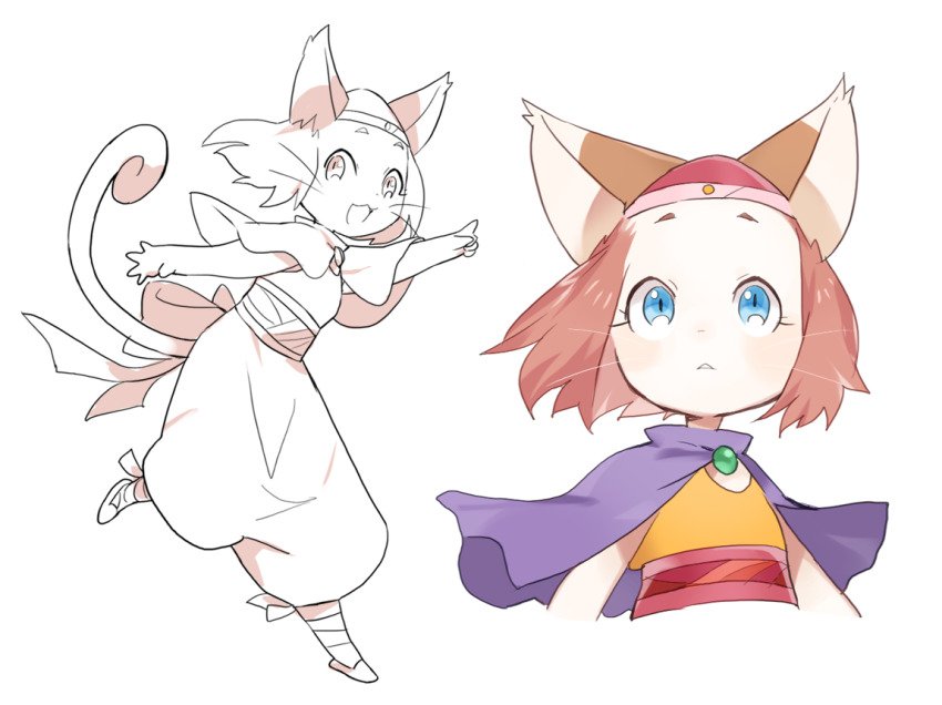 1girl animal_ears blue_eyes brave_story cat_ears cat_tail dress hat kanyoko_(yuzukano_17) looking_at_viewer medium_hair meena_(brave_story) open_mouth short_hair simple_background smile solo tail whiskers white_background