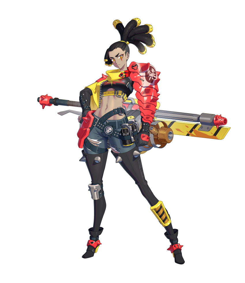 1girl absurdres armor asymmetrical_clothes belt black_gloves black_hair boots breasts dark-skinned_female dark_skin denim explosive facial_mark faulds full_body fysc gloves grenade hand_on_own_hip high_heel_boots high_heels highres knee_pads looking_at_viewer medium_breasts navel orange_eyes original pants shoulder_armor single_knee_pad single_shin_guard single_shoulder_pad solo standing sword tachi-e thigh_boots torn_clothes torn_pants weapon white_background