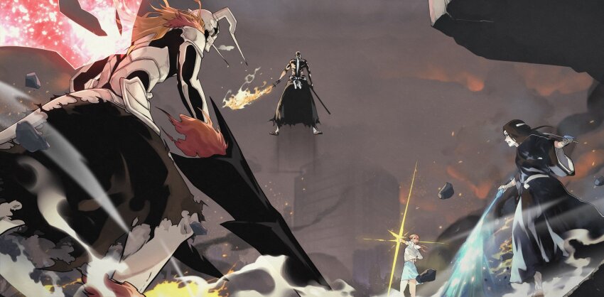 2boys 2girls aged_up alternate_costume alternate_form alternate_universe armor bald battle beard black_hair black_hakama black_kimono bleach brother_and_sister brown_hair clenched_teeth colored_skin commentary commission dakaeya demon_boy demon_horns demon_tail dual_wielding energy_weapon energy_wings english_commentary facial_hair fighting_stance fire floating_hair full_body fur-trimmed_sleeves fur_trim glowing glowing_sword glowing_weapon hakama highres holding holding_sword holding_weapon hollow_ichigo horns japanese_clothes katana kimono kurosaki_ichigo kurosaki_karin kurosaki_yuzu long_beard long_hair long_sleeves low_twintails mask medium_hair multiple_boys multiple_girls muscular muscular_male old old_man orange_hair outdoors profile pyrokinesis ryuujin_jakka_(shikai) second-party_source shikai siblings sisters smoke standing sword tail teeth topless_male torn_clothes torn_hakama twins twintails weapon white_skin wide_sleeves yamamoto-genryuusai_shigekuni