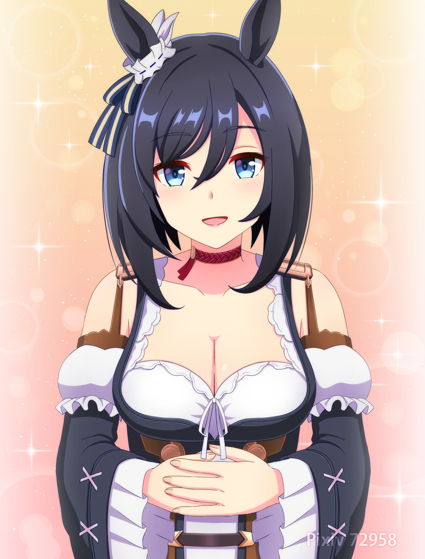 1girl animal_ears bare_shoulders black_hair blue_eyes blush bob_cut bodice breasts choker cleavage commentary_request detached_sleeves dirndl ear_ornament ear_scrunchie eishin_flash_(umamusume) german_clothes hair_between_eyes highres horse_ears horse_girl kasumi_uzuki large_breasts long_sleeves looking_at_viewer open_mouth own_hands_together pixiv_id red_choker scrunchie short_hair simple_background smile solo swept_bangs umamusume upper_body white_scrunchie wide_sleeves