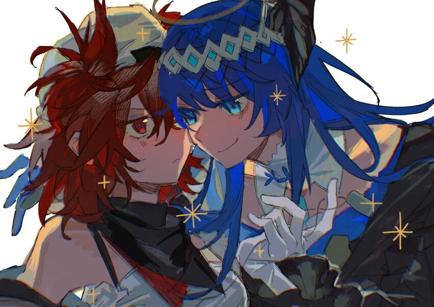 2girls ambience_synesthesia arknights asymmetrical_gloves bare_shoulders beanie black_dress black_horns black_scarf blue_dress blue_eyes blue_gloves blue_hair commentary demon_horns detached_collar dress expressionless feather_hair fiammetta_(ambience_synesthesia)_(arknights) fiammetta_(arknights) gloves hair_between_eyes hair_ornament halo hat highres horns jacket long_hair mismatched_gloves mostima_(arknights) mostima_(ethereal_harmony)_(arknights) multiple_girls official_alternate_costume open_clothes open_jacket red_eyes red_hair red_scarf scarf short_hair sketch smirk sparkle swept_bangs symbol-only_commentary traditional_halo two-tone_scarf upper_body white_background white_gloves wide_sleeves xianzhaosketch yuri