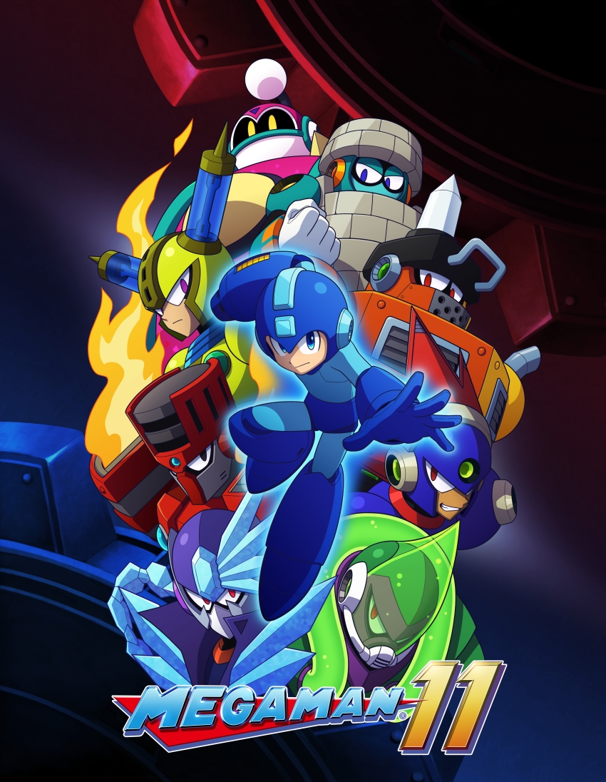 6+boys absurdres acid_man arm_cannon blast_man block_man blue_eyes blue_footwear blue_gloves capcom clenched_teeth copyright_name everyone fire fuse_man gears gloves helmet highres looking_at_viewer male_focus multiple_boys official_art impact_man purple_eyes red_eyes robot mega_man_(series) mega_man_(character) mega_man_(classic) mega_man_11 bounce_man serious smile teeth torch_man tundra_man weapon yellow_eyes