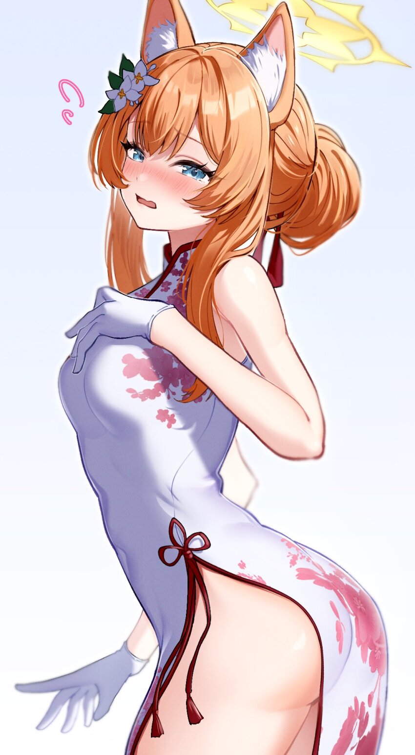 1girl animal_ear_fluff animal_ears ass blue_archive blue_eyes blush breasts commentary_request dress floral_print floral_print_dress flower flying_sweatdrops from_side gloves gradient_background grey_background hair_bun hair_flower hair_ornament halo hand_on_own_chest highres kurosaki_coco long_hair looking_at_viewer mari_(blue_archive) medium_breasts open_mouth orange_hair pelvic_curtain print_dress side_slit sidelocks sleeveless sleeveless_dress solo white_background white_dress white_gloves yellow_halo