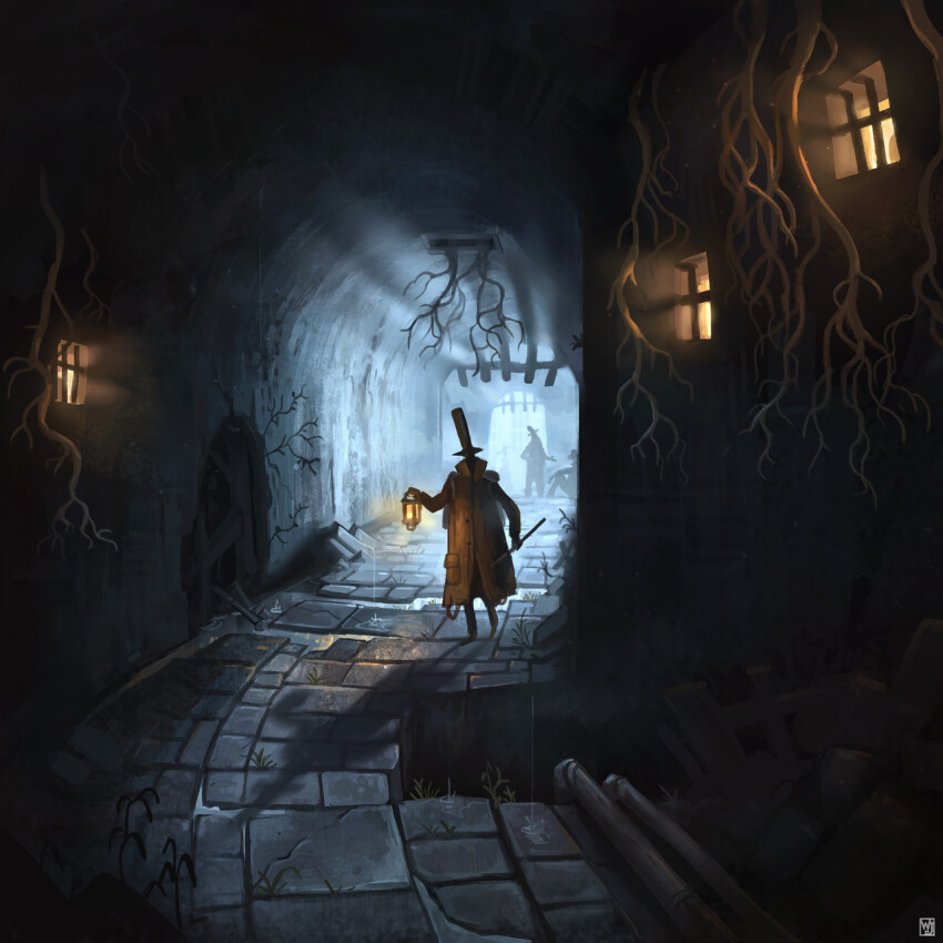 1boy artist_logo boots cane commentary dark english_commentary entrance fog full_body hallway hat highres holding indoors industrial_pipe lantern logo long_sleeves original overgrown people plant_roots ruins scenery standing stone_floor top_hat waltjan window