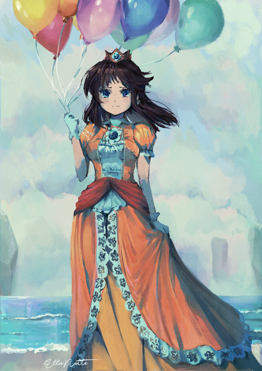 1girl absurdres balloon beach blue_eyes brooch clothes_grab cloud cloudy_sky crown dress ellanotte gloves highres holding holding_balloon jewelry lonely long_hair looking_at_viewer mario_(series) nintendo ocean orange_dress princess_daisy signature skirt_grab skirt_hold sky standing super_mario_land tearing_up water white_gloves