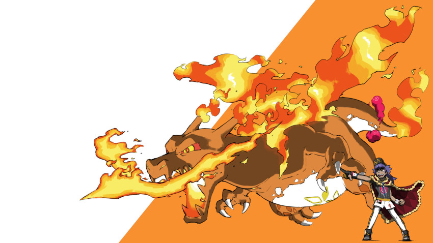 1boy animal_focus argyle_cape argyle_clothes arm_at_side arm_up baseball_cap beard black_footwear black_gloves black_headwear black_shirt blacknirrow breath_weapon breathing_fire brown_eyes cape charizard claws clenched_hand colored_sclera dark-skinned_male dark_skin dragon facial_hair fiery_wings fire flame-tipped_tail flying full_body fur-trimmed_cape fur_trim gen_1_pokemon gigantamax gigantamax_charizard gloves happy hat highres leggings leggings_under_shorts legs_apart leon_(pokemon) long_hair looking_to_the_side looking_up nintendo open_mouth orange_background orange_theme outstretched_arm pantyhose partially_fingerless_gloves pointing pokemon pokemon_(creature) pokemon_swsh purple_hair red_cape red_pupils red_sclera sharp_teeth shirt shoes short_shorts short_sleeves shorts sidelocks simple_background single_glove smile smoke standing sweatband teeth two-tone_background v-shaped_eyebrows white_background white_leggings white_shorts wings yellow_eyes
