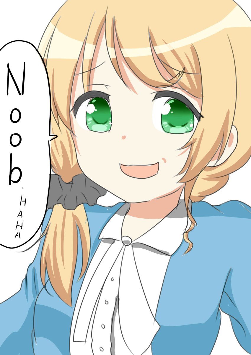 1girl absurdres beni_mirin blonde_hair blue_jacket ellen_baker english_text female_focus green_eyes highres jacket laughing long_hair new_horizon shirt slang smirk solo speech_bubble white_shirt