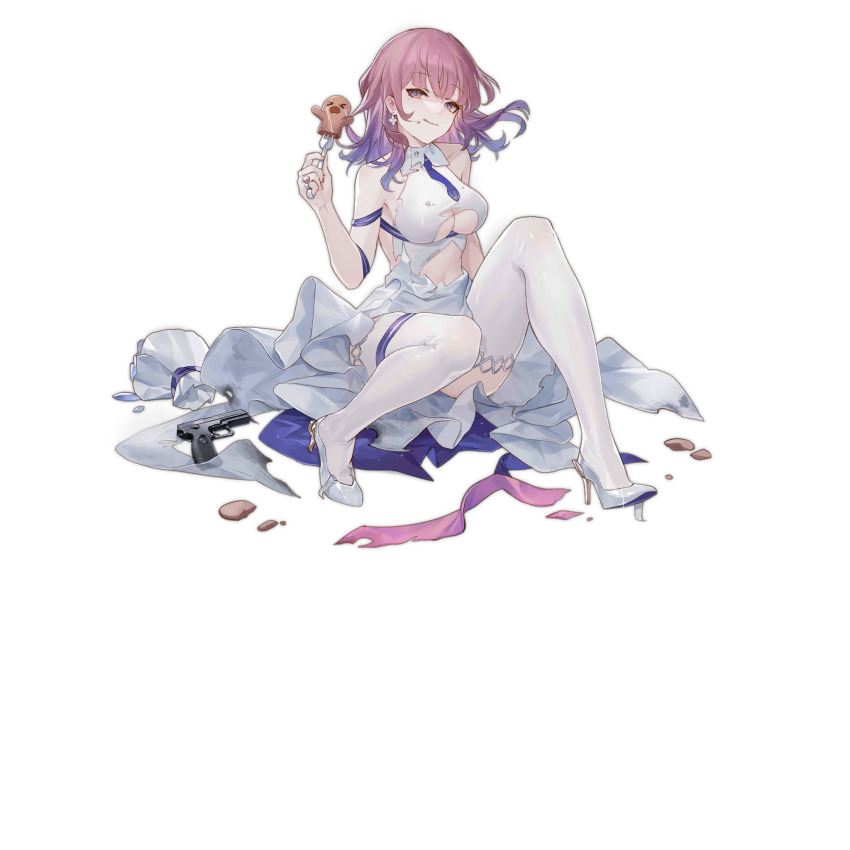 &gt;_&lt; 1girl bare_shoulders blue_eyes blue_necktie bouquet breasts burnt_clothes closed_mouth clothing_cutout collar convenient_leg d: detached_collar dress dx earrings flower food food_on_clothes food_on_face fork full_body gingerbread_man girls&#039;_frontline gradient_eyes gradient_hair gun handgun high_heels highres holding holding_fork jewelry large_breasts looking_at_viewer medium_hair mp-443_(earthly_desires)_(girls&#039;_frontline) mp-443_(girls&#039;_frontline) mp-443_grach multicolored_eyes multicolored_hair necktie official_alternate_costume official_art open_mouth orange_eyes pink_hair reeh_(yukuri130) shoes short_necktie simple_background sitting smile solo thigh_strap thighhighs third-party_source torn_clothes torn_dress torn_footwear transparent_background two-tone_eyes underboob underboob_cutout weapon weapon_on_floor wedding_dress white_collar white_dress white_shoes white_thighhighs