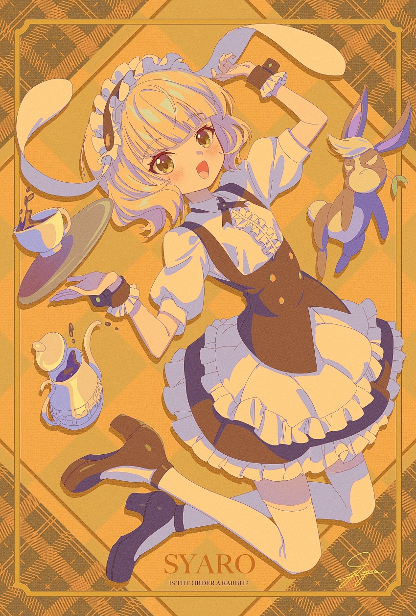 1girl absurdres animal animal_ears apron black_dress black_shoes blonde_hair blush coffee collared_shirt cup dress fake_animal_ears fleur_de_lapin_uniform floppy_ears frilled_apron frilled_dress frills full_body gochuumon_wa_usagi_desu_ka? green_eyes highres jdge kirima_syaro looking_at_viewer open_mouth puffy_short_sleeves puffy_sleeves rabbit rabbit_ears shirt shoes short_hair short_sleeves smile solo thighhighs tray white_apron white_shirt white_thighhighs wild_geese wrist_cuffs