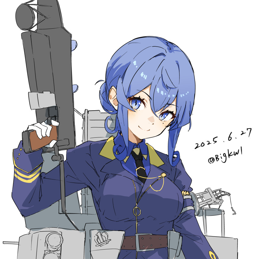 1girl absurdres adapted_turret aircraft_catapult anti-aircraft anti-aircraft_gun bigkwl blue_eyes blue_hair blue_jacket blush breasts cannon dated finger_on_trigger gloves gotland_(kancolle) hair_between_eyes hair_bun highres jacket kantai_collection long_hair long_sleeves looking_at_viewer machinery military_uniform mole mole_under_eye rigging ship_turret single_hair_bun sketch smile smokestack solo twitter_username upper_body white_gloves