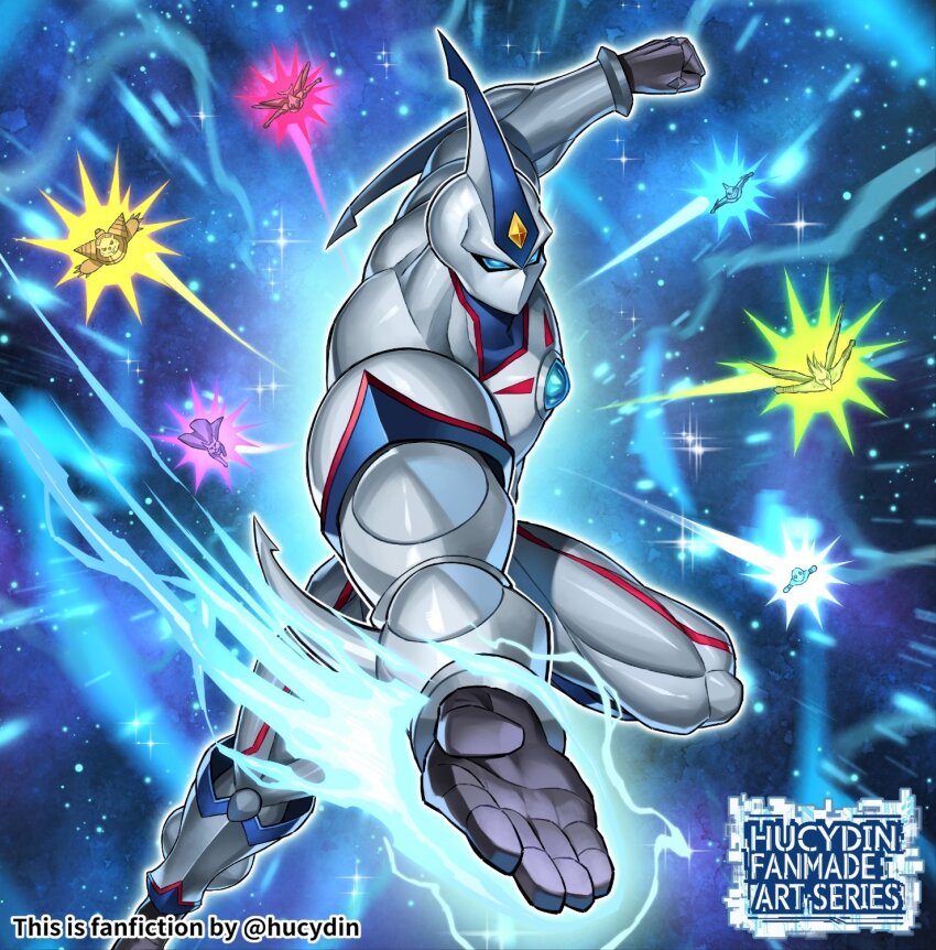 6+boys artist_name blue_eyes chop colored_skin duel_monster elemental_hero_neos flying full_body highres horns hucydin incoming_attack multiple_boys neo-spacian_air_hummingbird neo-spacian_aqua_dolphin neo-spacian_dark_panther neo-spacian_flare_scarab neo-spacian_glow_moss neo-spacian_grand_mole no_mouth single_horn solo_focus watermark white_skin yu-gi-oh! yu-gi-oh!_gx