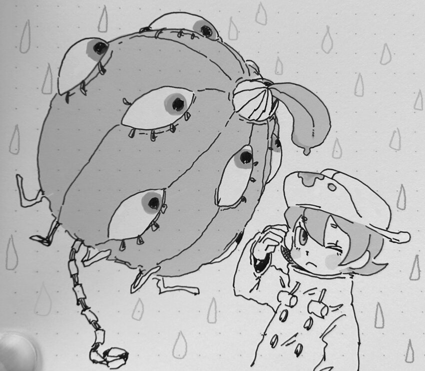 1girl blush_stickers greyscale hat highres hungern_(skullgirls) looking_up monochrome one_eye_closed rain raincoat ryantoruhuhu skullgirls solo tongue tongue_out traditional_media umbrella umbrella_(skullgirls)