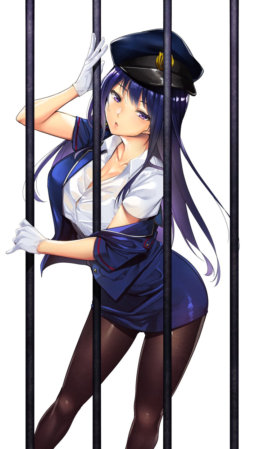 1girl absurdres black_pantyhose blue_jacket breasts cleavage cowboy_shot destiny_lovers dress_shirt gloves hat highres ibu_sayaka jacket long_hair off_shoulder pantyhose parted_lips pencil_skirt police_hat prison purple_eyes purple_hair shirt simple_background skirt solo standing third-party_source tomohiro_kai white_background