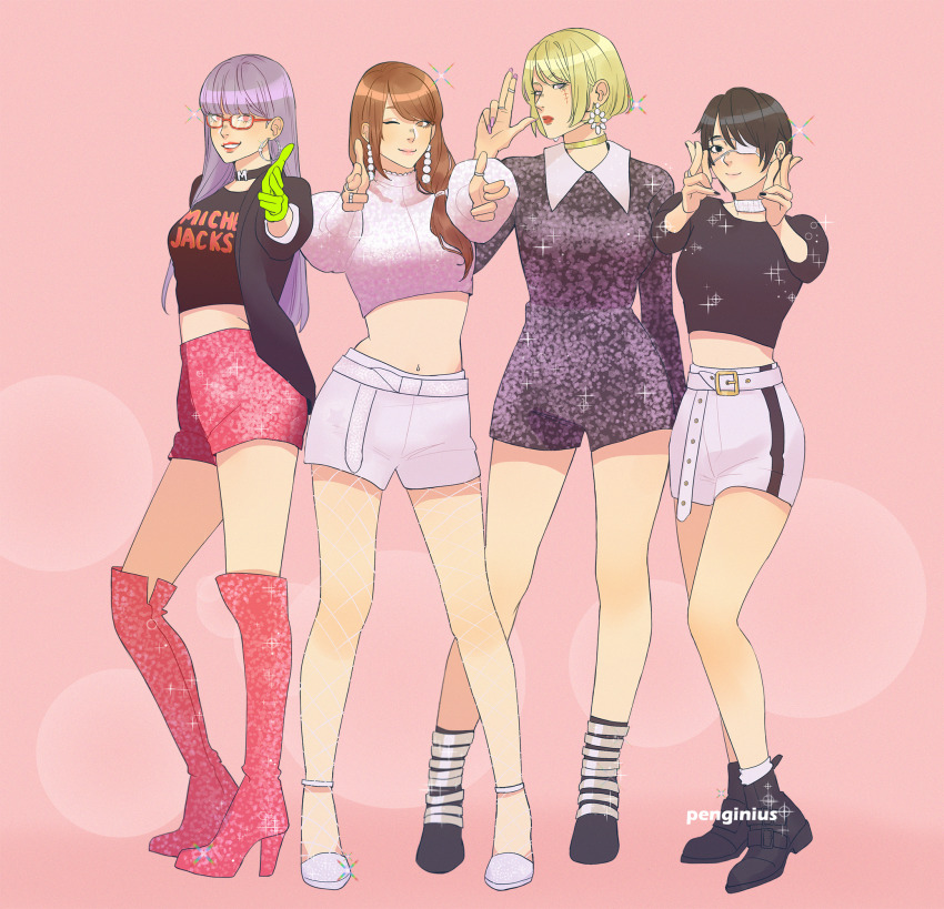4girls black_jacket blackpink blunt_bangs boots choker commentary cosplay earrings eyepatch finger_gun full_body gintama glasses gloves green_gloves highres hoop_earrings jacket jennie_(blackpink) jennie_(blackpink)_(cosplay) jewelry jisoo_(blackpink) jisoo_(blackpink)_(cosplay) lisa_(blackpink) lisa_(blackpink)_(cosplay) multiple_girls one_eye_closed penginius pink_background pink_shorts red_lips rose_(blackpink) rose_(blackpink)_(cosplay) sarutobi_ayame scar scar_across_eye scar_on_face shimura_tae shorts simple_background smile stitches swept_bangs thigh_boots tsukuyo_(gintama) white_shorts yagyuu_kyuubei