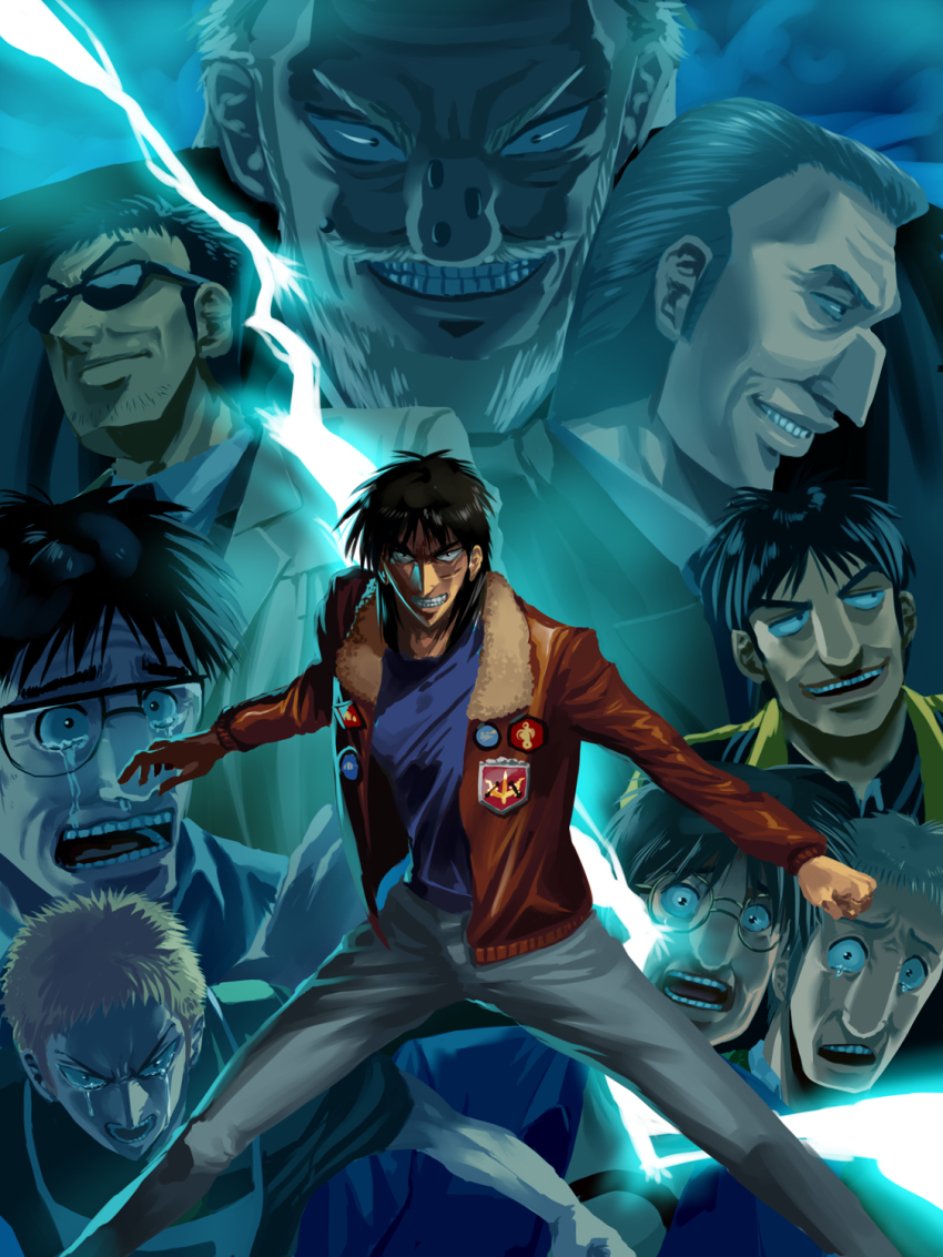 6+boys blue_theme endou_yuuji fat fat_man glasses highres hyoudou_kazutaka ishida_kouji ishida_mitsuzi itou_kaiji jacket kaiji male_focus mamoru_andou multiple_boys obui raised_eyebrows round_eyewear sahara sunglasses tears tonegawa_yukio endou_yuuji