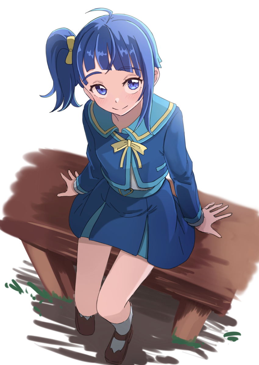 1girl absurdres belt black_shoes blue_belt blue_eyes blue_hair blue_jacket blue_skirt closed_mouth cut_bangs from_above grey_socks hakuino_hakase highres hirogaru_sky!_precure jacket long_hair looking_at_viewer looking_up mary_janes medium_hair miniskirt neck_ribbon on_bench pleated_skirt precure ribbon school_uniform shirt shoes side_ponytail single_sidelock sitting skirt smile socks solo sora_harewataru sorashido_academy_school_uniform white_shirt yellow_ribbon