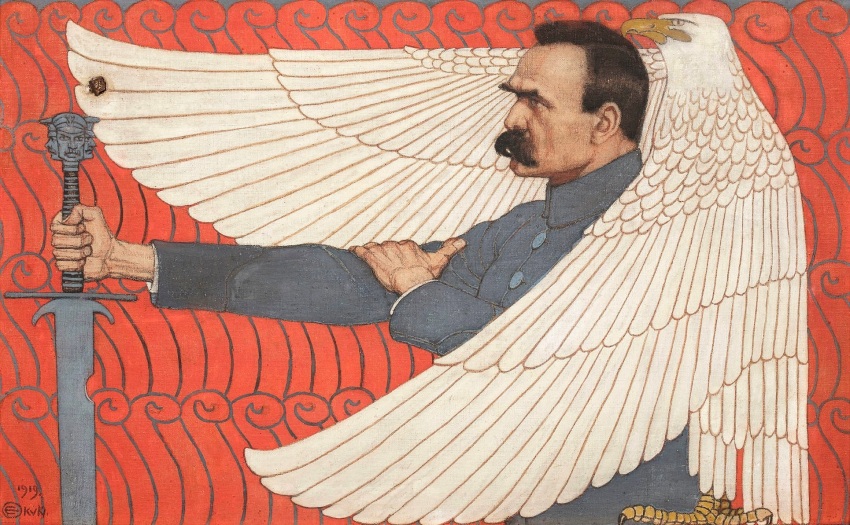 1boy bird brown_hair eagle edward_okun facial_hair from_side grey_jacket highres holding holding_sword holding_weapon jacket jozef_klemens_pilsudski mustache poland real_life short_hair solo sword upper_body weapon
