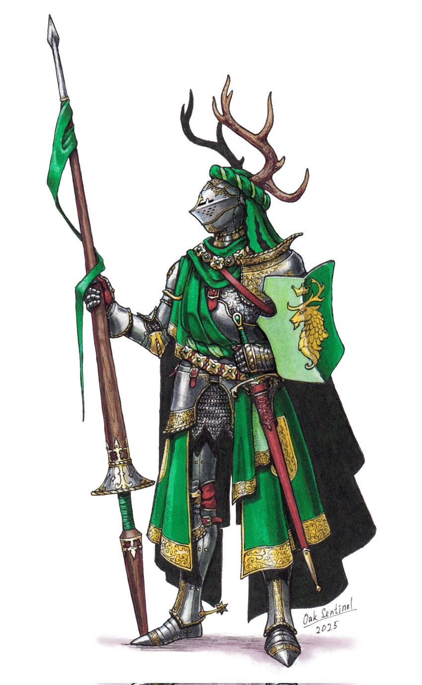1boy antlers armor artist_name black_cape cape chainmail deer_antlers full_body gauntlets greaves helm helmet highres holding holding_polearm holding_sword holding_weapon horns lance male_focus oaksentinel original polearm simple_background solo standing sword twitter_username weapon white_background