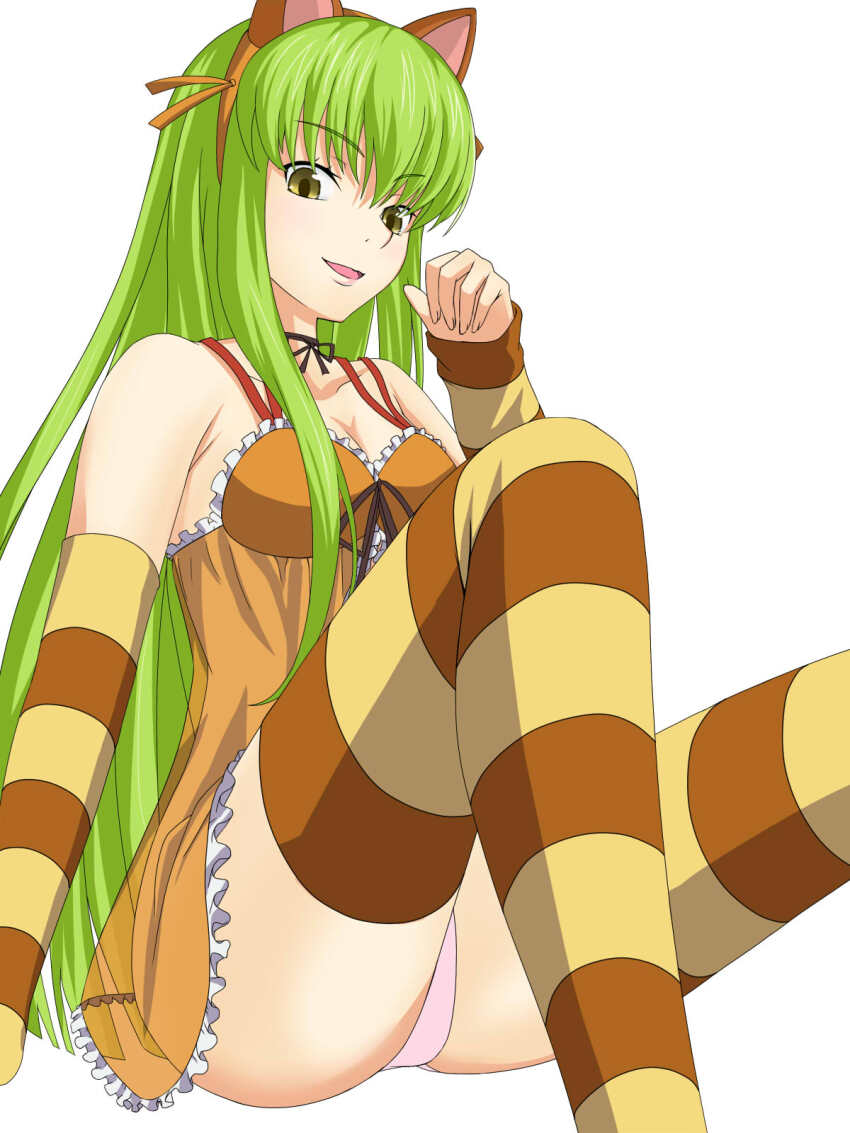 1girl :d alternate_costume animal_ears arm_at_side armpit_crease babydoll bare_shoulders black_ribbon breasts c.c. cat_ears cleavage code_geass collarbone commentary_request detached_sleeves eyelashes fake_animal_ears feet_out_of_frame foreshortening frilled_babydoll from_below green_hair hair_between_eyes hand_up heikichi highres knees_up lips long_hair looking_at_viewer medium_breasts neck_ribbon open_mouth orange_babydoll panties pink_panties ribbon see-through_clothes see-through_babydoll sidelocks simple_background sitting sleeves_past_wrists smile smug solo spaghetti_strap straight_hair striped_clothes striped_sleeves striped_thighhighs thighhighs thighs underwear very_long_hair white_background yellow_eyes zettai_ryouiki