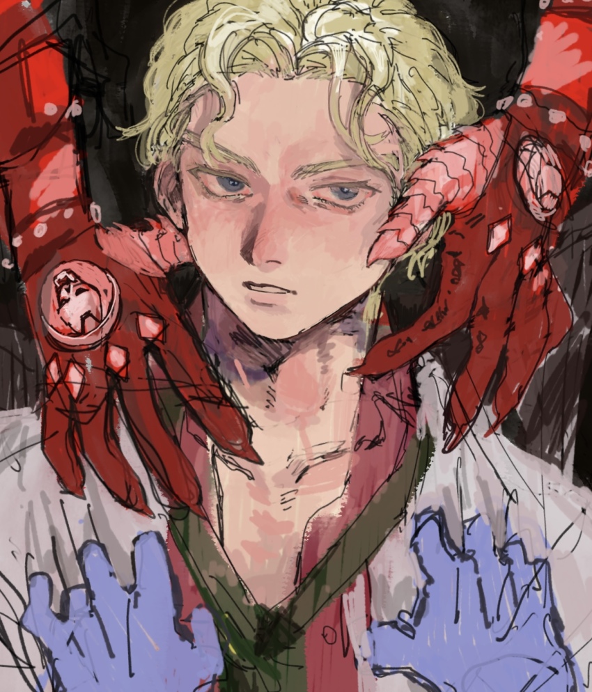 1boy 1other black_background blonde_hair blue_eyes claws diamond_wa_kudakenai gloves green_necktie highres jacket jojo_no_kimyou_na_bouken killer_queen kira_yoshikage male_focus necktie out_of_frame partially_fingerless_gloves red_shirt shirt short_hair simple_background sketch user_xjny2857 white_jacket