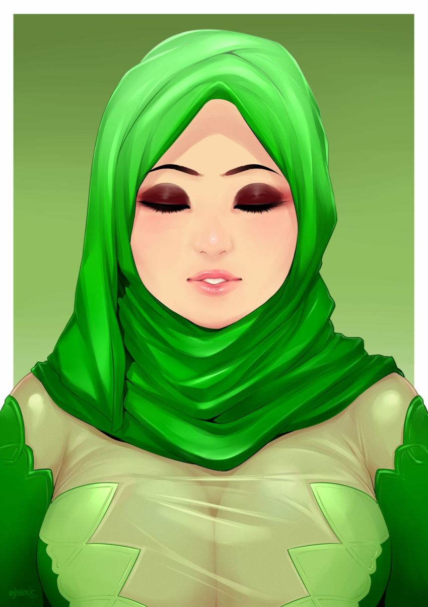 1girl breasts cleavage closed_eyes female_focus highres hijab islam large_breasts muslim nigaw parted_lips see-through_cleavage see-through_clothes text_focus